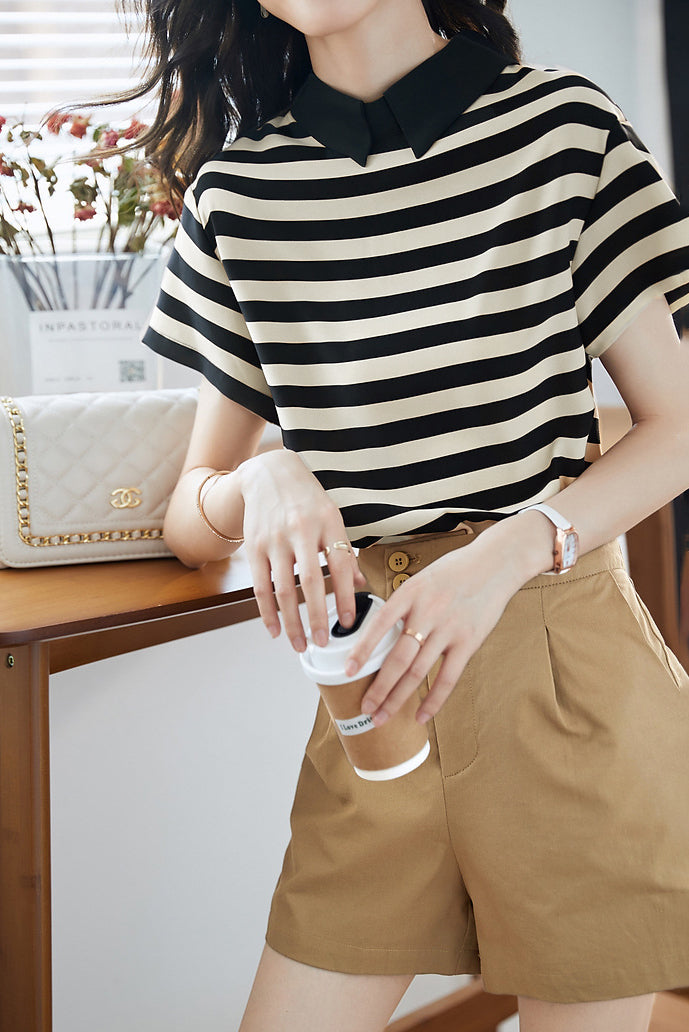 Polo Collar Striped Drop Shoulder Shirt - liwisi