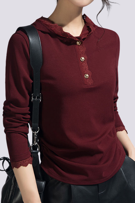 Casual Lace Long-Sleeve Edge Hooded T-Shirt - liwisi