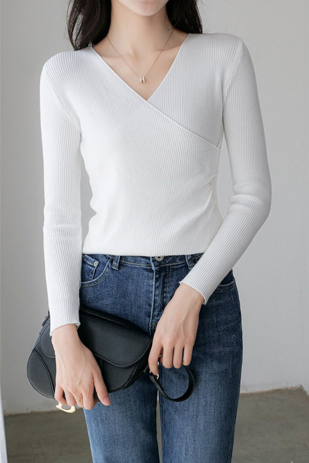 V-Neck Front Cross Side Gathered Button Decor Knit - 4 Colors Available - liwisi