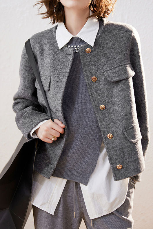 Elegant Round Neck Open-Front Short Double-Faced Wool Coat - liwisi