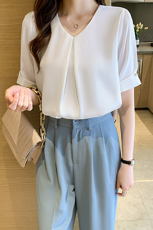 V-Neck Front Tuck-In Short Sleeve Blouse - 2 Colors Available - liwisi