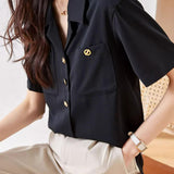 Lapel Collar Double Pocket Short Sleeve Blouse - liwisi