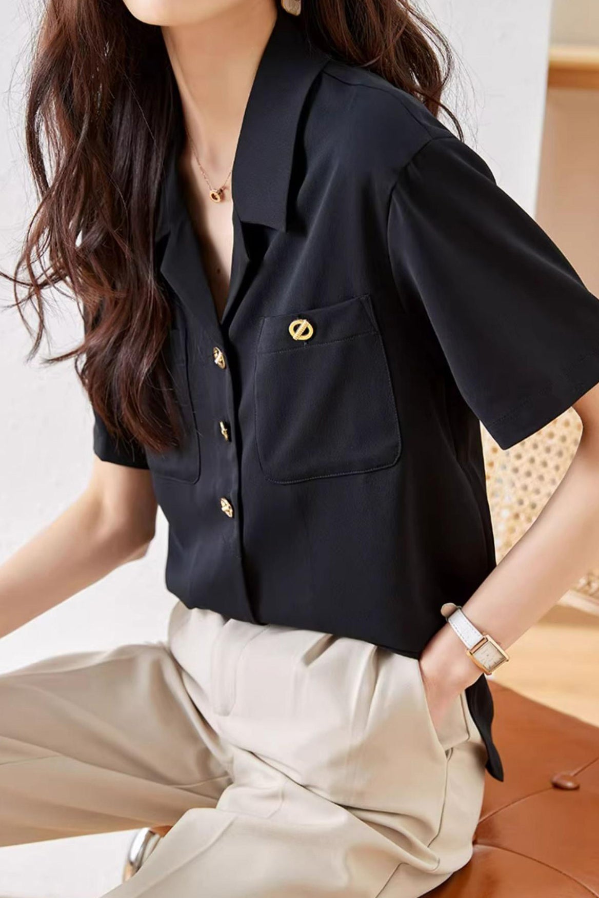 Lapel Collar Double Pocket Short Sleeve Blouse - liwisi