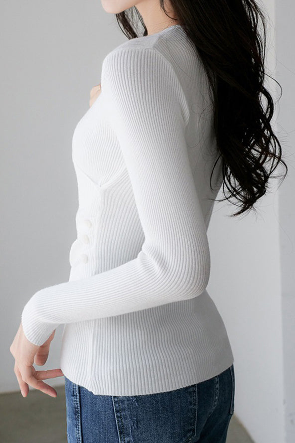 V-Neck Front Cross Side Gathered Button Decor Knit - 4 Colors Available - liwisi