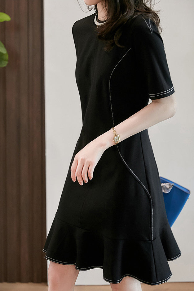 Round Neck Side Stitch Decor Flare Dress - liwisi