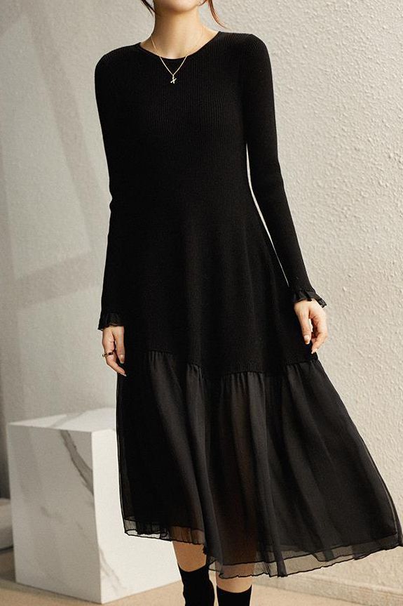 Color Block Slim Fit Faux Wool Dress - liwisi