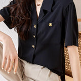Lapel Collar Double Pocket Short Sleeve Blouse - liwisi