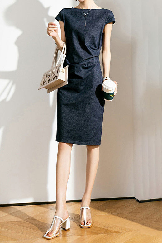 Sabrina Neck Side Gathered Dress - liwisi