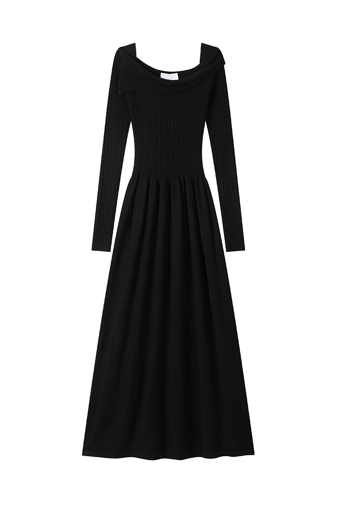 オフショルダーアシンメトリーロングニットワンピース 2色入 - liwisi