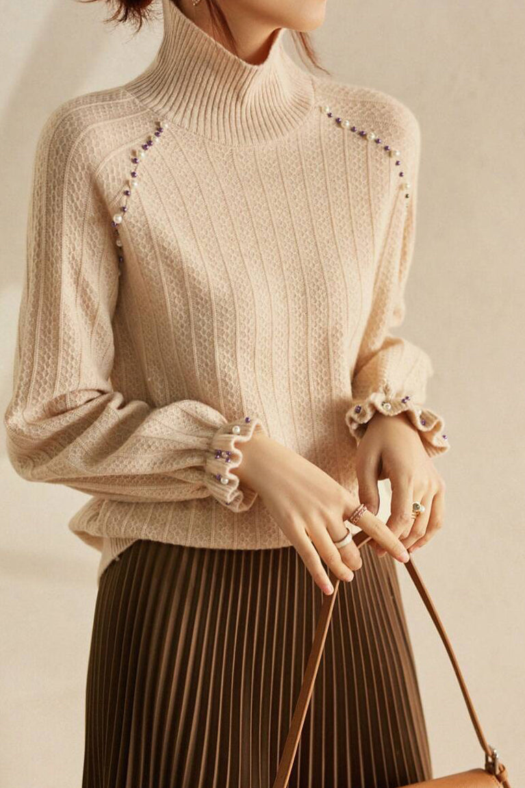 Elegant beaded high - neck knitted sweater - liwisi