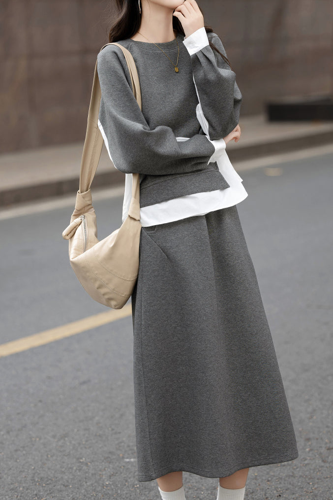 Casual Color Block Sweatshirt and Skirt Set - liwisi