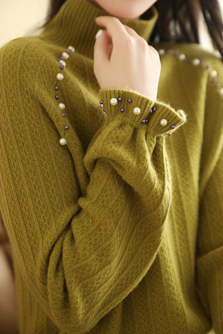 Elegant beaded high - neck knitted sweater - liwisi