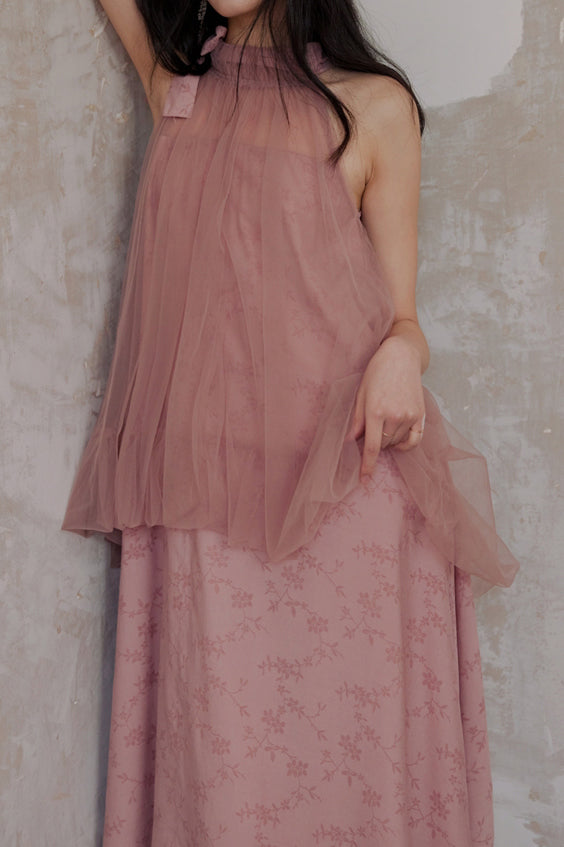 Halter Neck Tulle Contrast Ombre Long Dress with Lining - 3 Colors Available - liwisi