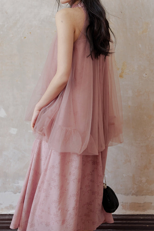Halter Neck Tulle Contrast Ombre Long Dress with Lining - 3 Colors Available - liwisi