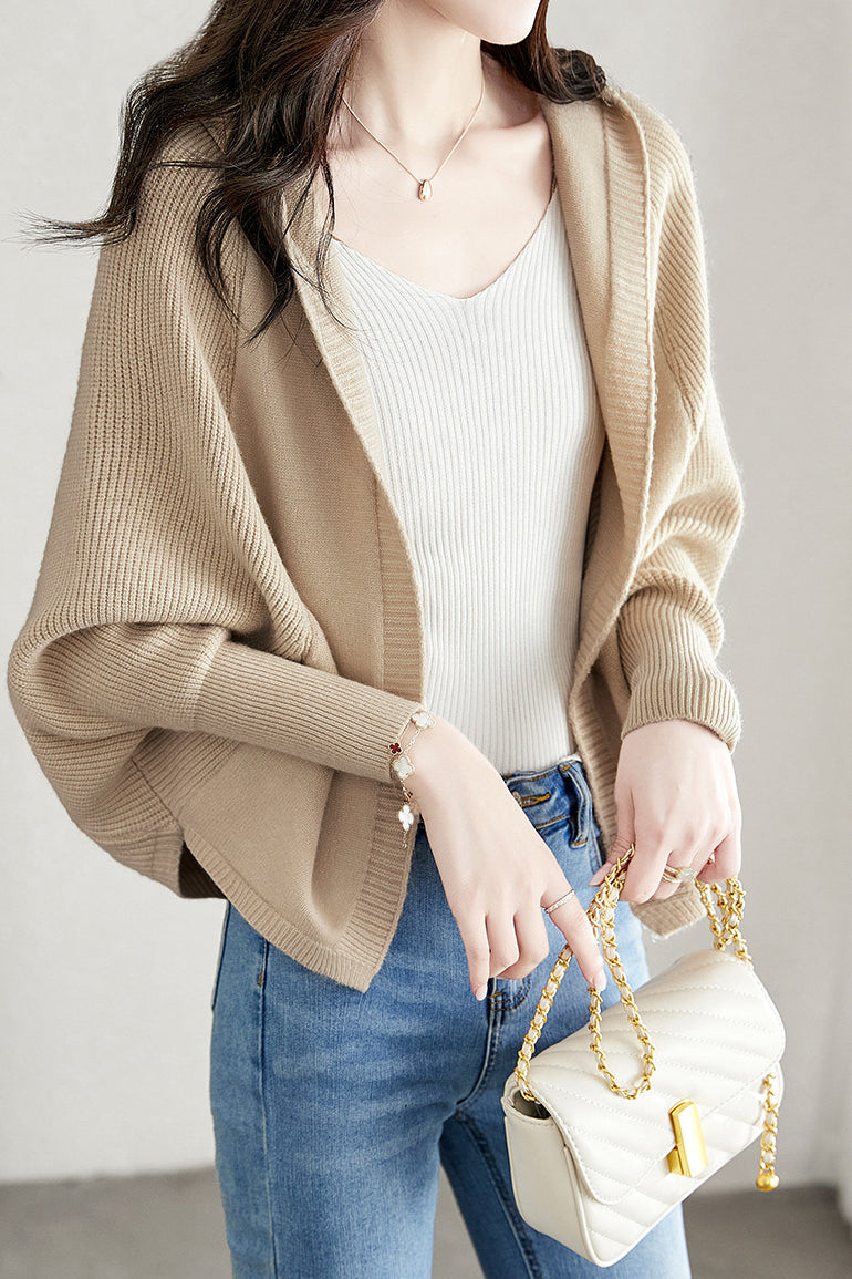 Plain Batwing Sleeve Hooded Knit Cardigan - liwisi