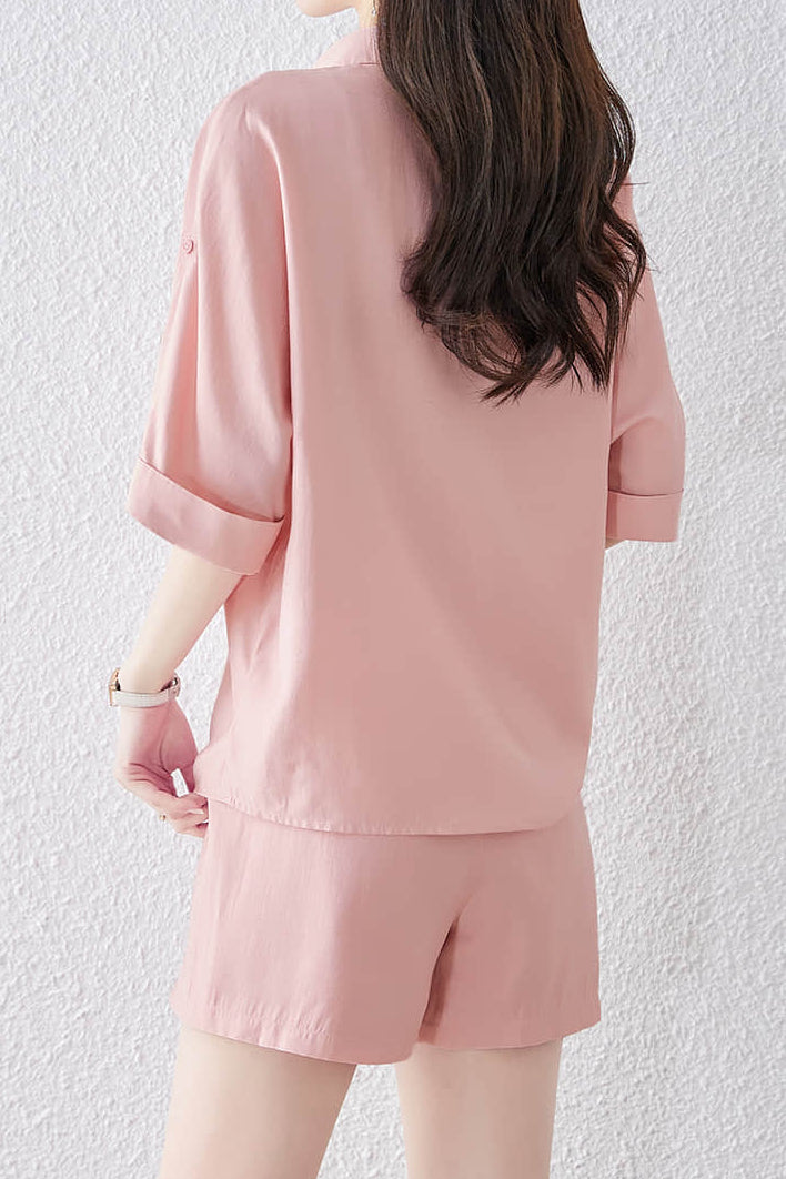 Button-up short sleeve shirt with waist tie pleated shorts set - liwisi