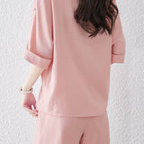 Button-up short sleeve shirt with waist tie pleated shorts set - liwisi