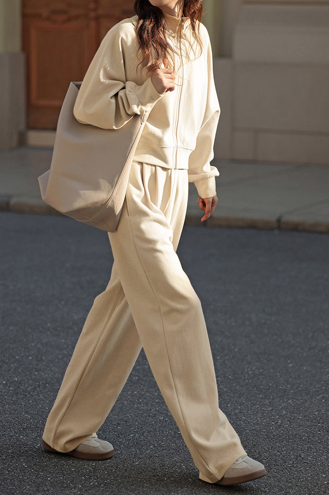 Two-Piece Set: Tall Collar Rib Hem Zip-Up Knit Cardigan + Drawstring Long Knit Pants - 3 Colors Available - liwisi
