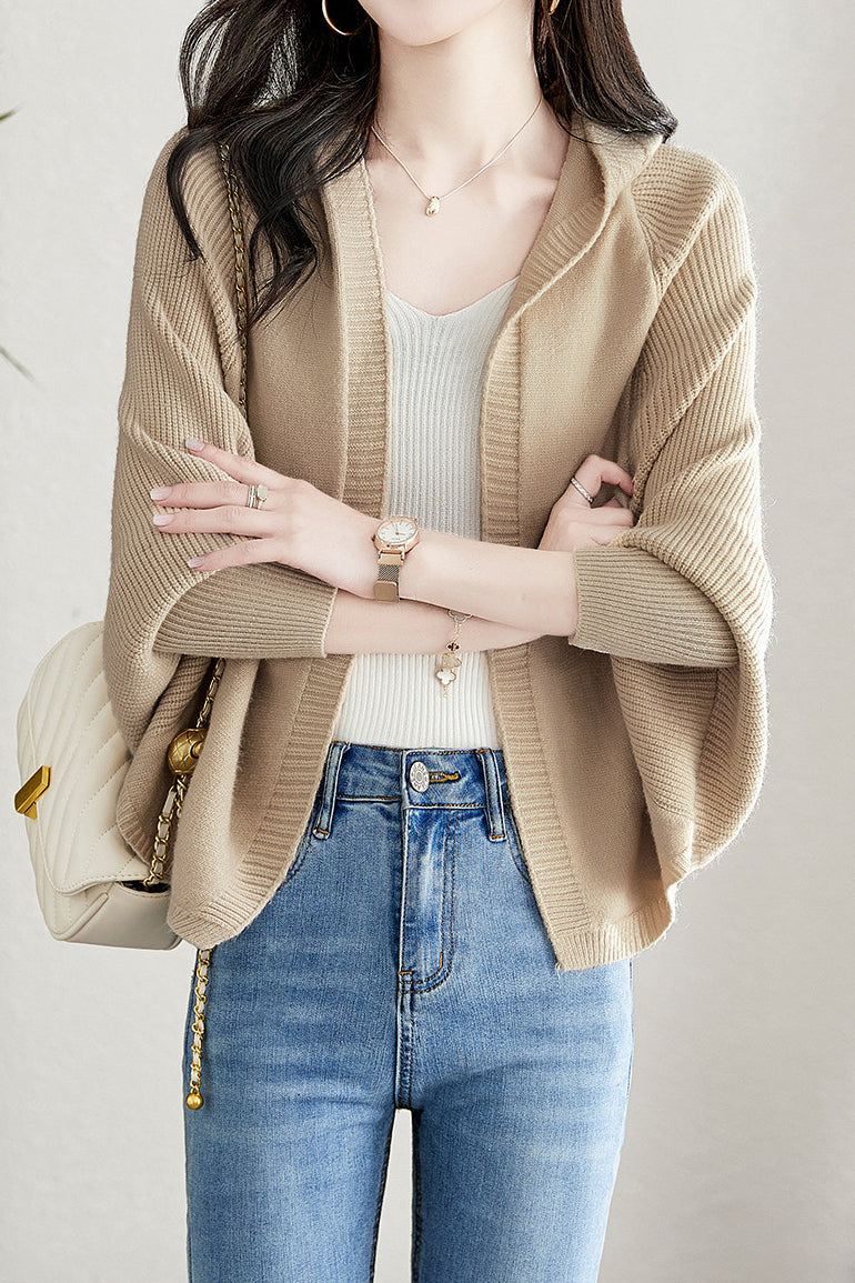 Plain Batwing Sleeve Hooded Knit Cardigan - liwisi