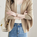 Plain Batwing Sleeve Hooded Knit Cardigan - liwisi