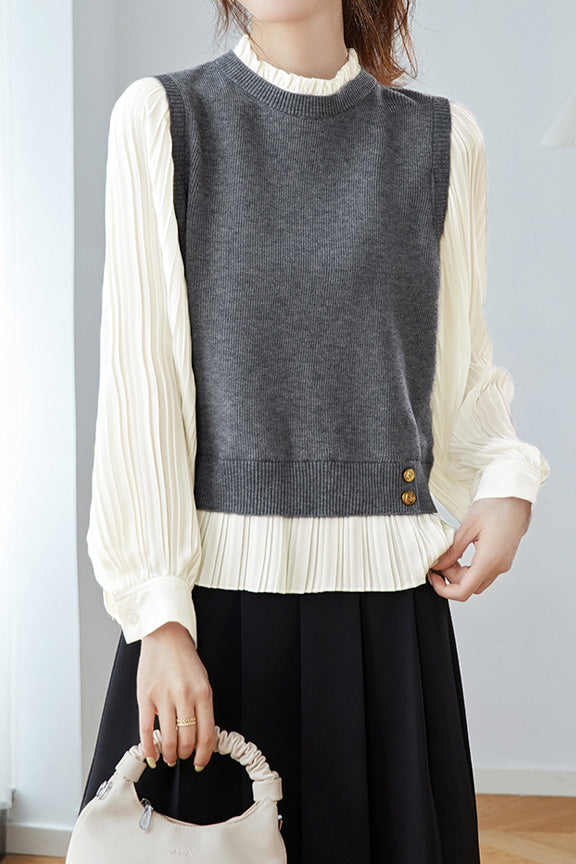 Elegant Office Patchwork Fake Two-Piece Knit Top - liwisi