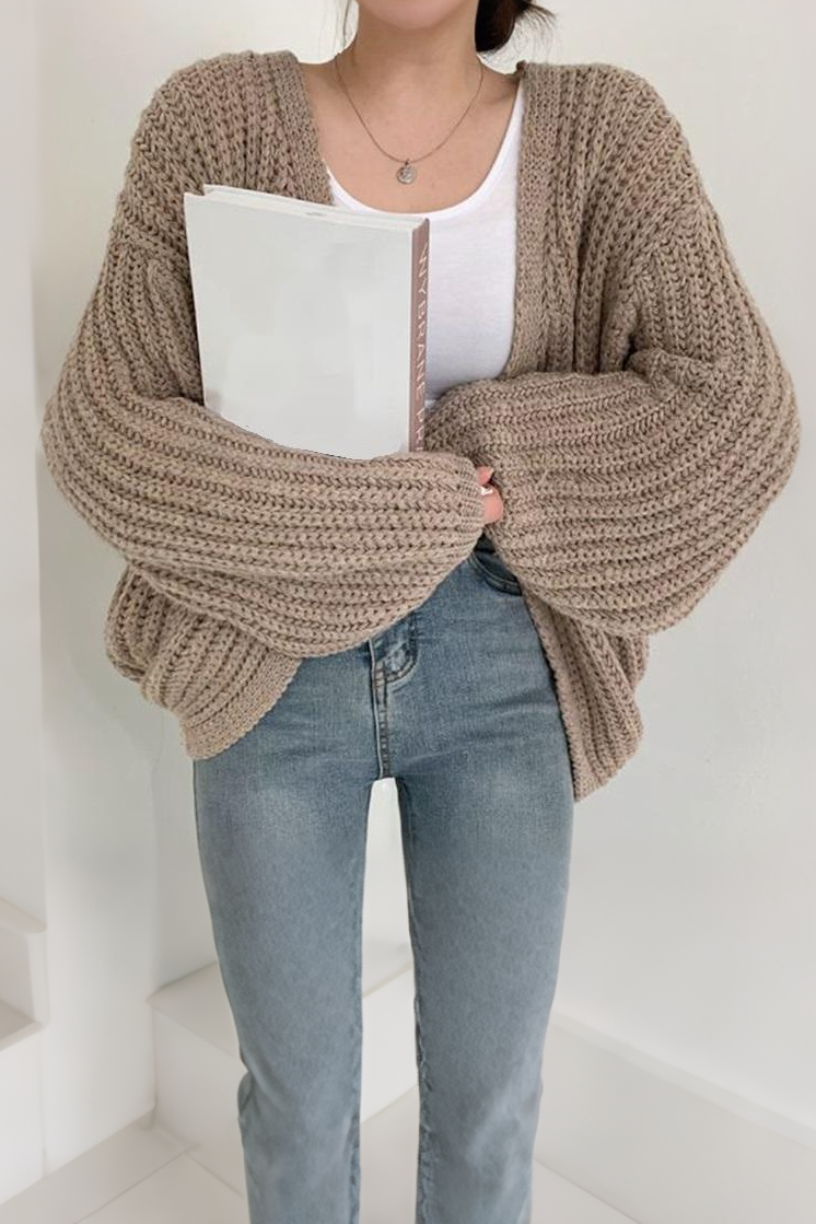 Loose Fit Solid Color Lantern Sleeve Cardigan - liwisi