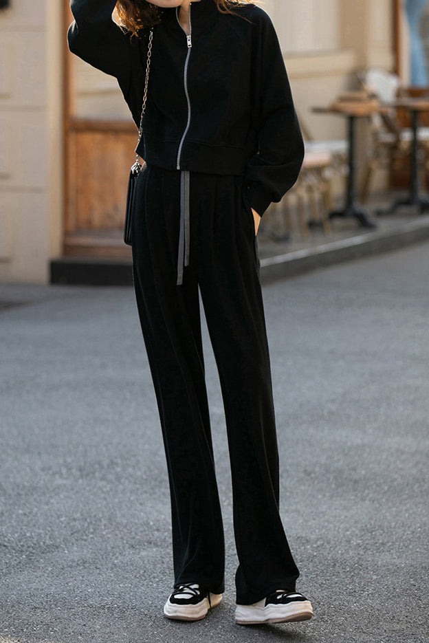 Two-Piece Set: Tall Collar Rib Hem Zip-Up Knit Cardigan + Drawstring Long Knit Pants - 3 Colors Available - liwisi
