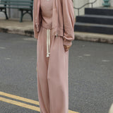 Two-Piece Set: Tall Collar Rib Hem Zip-Up Knit Cardigan + Drawstring Long Knit Pants - 3 Colors Available - liwisi
