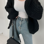 Loose Fit Solid Color Lantern Sleeve Cardigan - liwisi