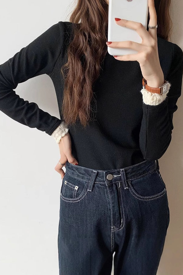 Fleece-lined knitted shirt with lace trim. - liwisi