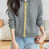 Casual Versatile Color-Block Knitted Hooded Cardigan