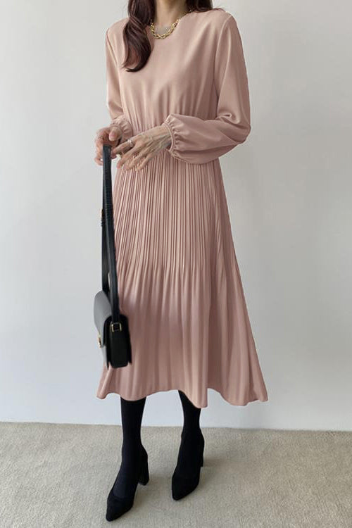 Round Neck Pleated Contrast Long Flare Dress - 4 Colors Available - liwisi