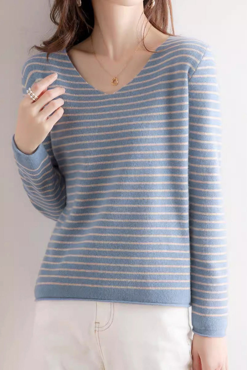 Striped Contrast V-Neck Knit Top - 6 Colors Available - liwisi