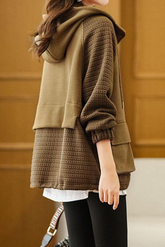 Plain Contrast Textured Woven Hooded Sweatshirt - 2 Colors Available - liwisi