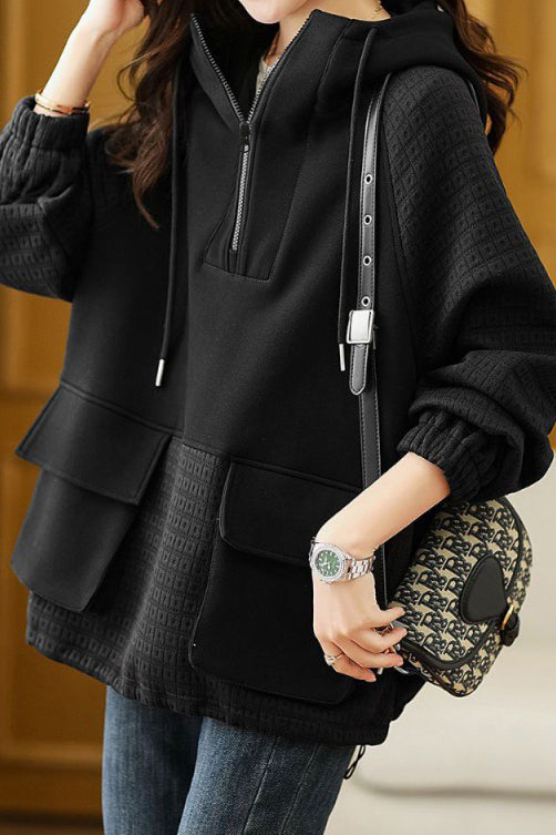 Plain Contrast Textured Woven Hooded Sweatshirt - 2 Colors Available - liwisi