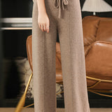 High Waist Drawstring Plain Knit Wide Pants - 4 Colors Available - liwisi