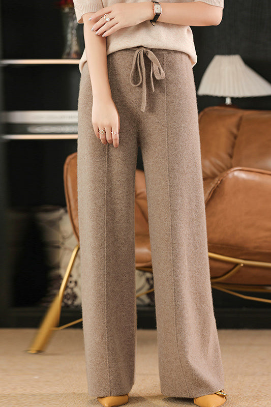 High Waist Drawstring Plain Knit Wide Pants - 4 Colors Available - liwisi