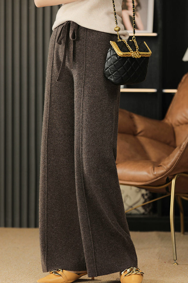 High Waist Drawstring Plain Knit Wide Pants - 4 Colors Available - liwisi