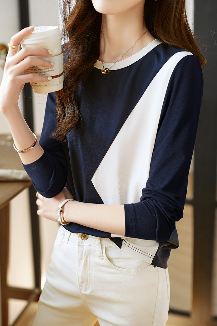 Blue and White Color Block Round Neck Sweatshirt - liwisi