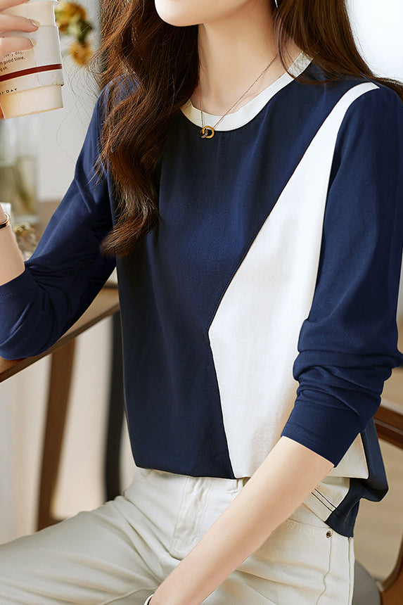 Blue and White Color Block Round Neck Sweatshirt - liwisi