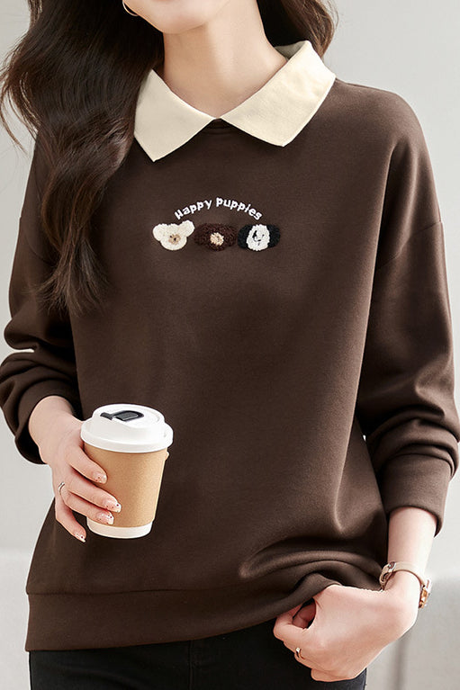 Dog Pattern Embroidered Patchwork Long Sleeve Casual Sweatshirt - 3 Colors Available - liwisi
