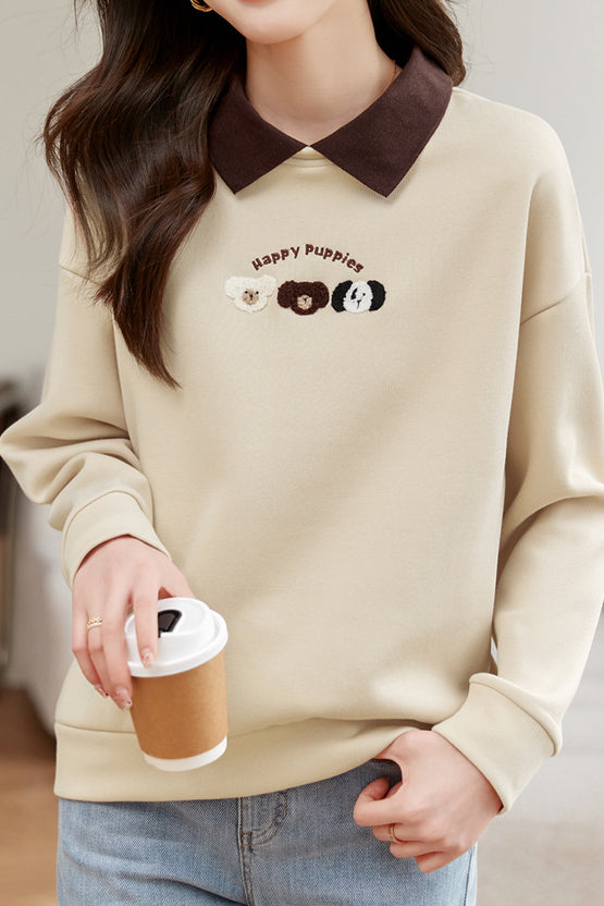 Dog Pattern Embroidered Patchwork Long Sleeve Casual Sweatshirt - 3 Colors Available - liwisi