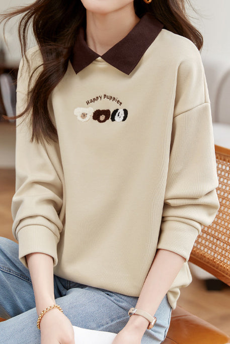 Dog Pattern Embroidered Patchwork Long Sleeve Casual Sweatshirt - 3 Colors Available - liwisi