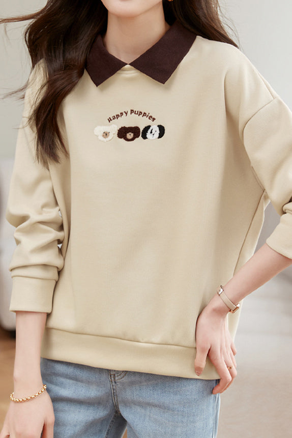 Dog Pattern Embroidered Patchwork Long Sleeve Casual Sweatshirt - 3 Colors Available - liwisi