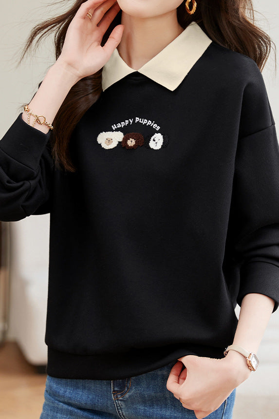 Dog Pattern Embroidered Patchwork Long Sleeve Casual Sweatshirt - 3 Colors Available - liwisi
