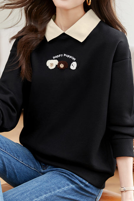 Dog Pattern Embroidered Patchwork Long Sleeve Casual Sweatshirt - 3 Colors Available - liwisi