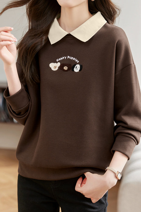 Dog Pattern Embroidered Patchwork Long Sleeve Casual Sweatshirt - 3 Colors Available - liwisi