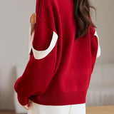 Red Round Neck Loose Knit with Ribbon - liwisi
