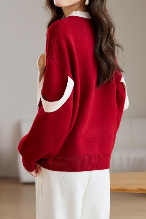 Red Round Neck Loose Knit with Ribbon - liwisi