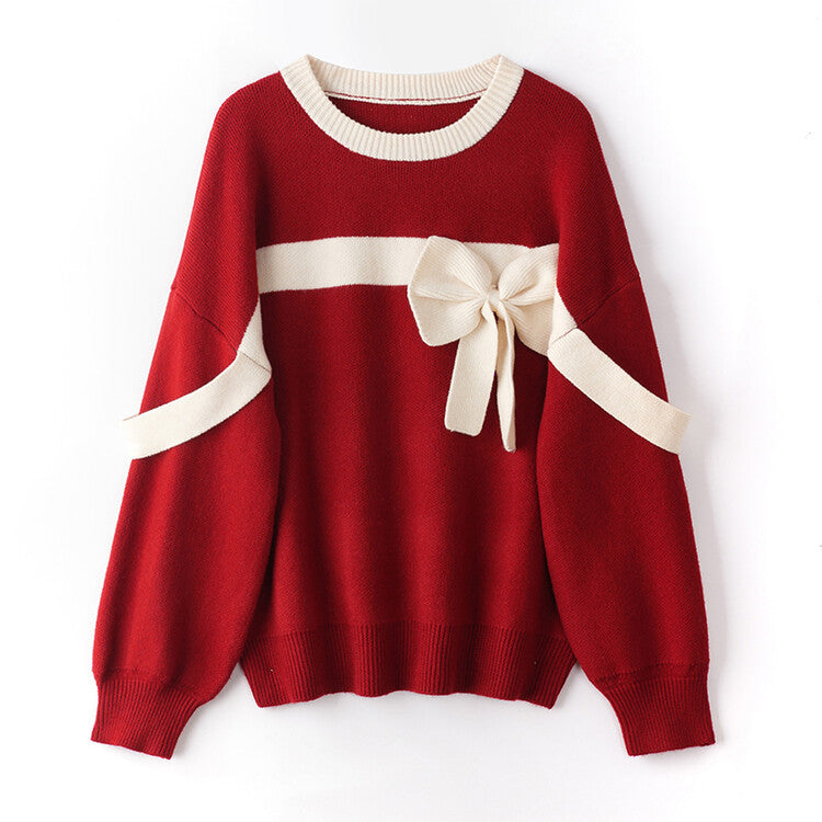Red Round Neck Loose Knit with Ribbon - liwisi